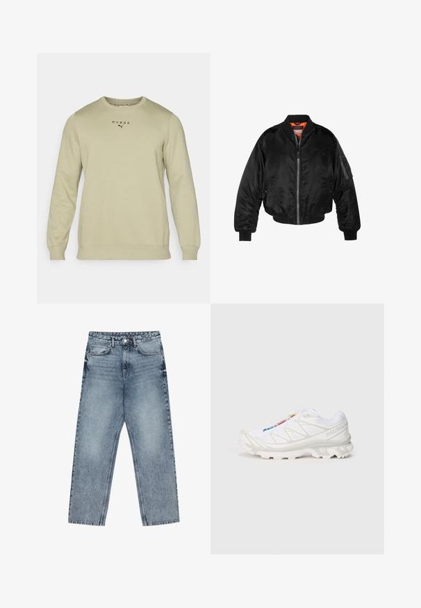 Must noirist bomber-jakk, mis on valmistatud läikivast nailonist kangast, ribikätistega, lukk ees ja oranž vooder. Omab lukuga taskut varruka peal.; Hele rohelise värvi dressipluus pikkade varrukatega, ümar kaelus ja soonikkoes varrukate otsad. Rinnaosas on musta värvi "HYROX" ja Puma logo. Sile tekstuur.; Heledad sinine teksad sirge lõikega, nähtavate õmblustega, viie taskuga disain ja nupuga kinnitamine vööl.; Valge sportlik jalanõud tekstureeritud võrgupealisega, peegeldavate detailidega ja pehme tallaga. Märkimisväärne brändi logo küljel.