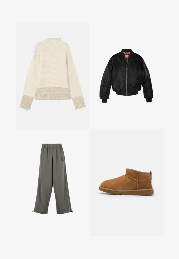 Schwarze Bomberjacke aus glänzendem Nylonstoff mit gerippten Bündchen, durchgehendem Reißverschluss und orangefarbenem Futter. Verfügt über eine Reißverschlusstasche am Ärmel.; Flauschiger Strickpullover in Creme mit hohem, geripptem Kragen. Verfügt über strukturierte Muster sowie gerippte Bündchen und Saum. Weicher, warmer Stoff.; Karl Kani KK OS SIDESTRIPE - Stoffhose - grey; Hellbraune Wildleder-Stiefelette mit runder Zehenform, dezenten Nähdetails und einer strukturierten Gummisohle. Kurze Höhe ohne Schnürsenkel.