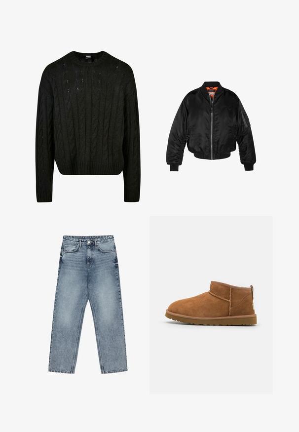 Jachetă bomber neagră dintr-un material nylon lucios, cu manșete ribbed, deschidere cu fermoar și căptușeală portocalie. Prezintă o buzunare cu fermoar pe mânecă.; Pulover negru tricotat cu modele de tip cable knit, guler tip crew, umeri lăsați și tiv ribbit. Design mid-crop cu o finisare texturată.; Jeans din denim de culoare albastru deschis, cu croială dreaptă, cusături vizibile, design cu cinci buzunare și închidere cu nasture la talie.; Botină antrenașă din suede bej, cu vârf rotund, detalii subtile de cusătură și o talpă din cauciuc texturată. Înălțime scurtă fără șireturi.