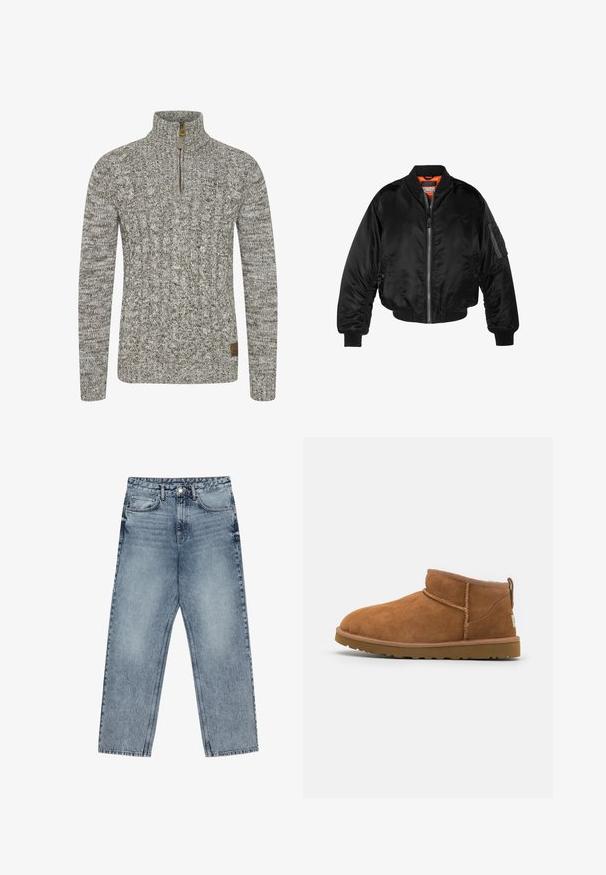 Sort bomberjakke lavet af skinnende nylonstof med ribbede manchetter, en lynlås fortil og en orange foring. Har en lynlåslomme på ærmet.; Kabelstrikket sweatshirt i en dæmpet grågrøn farve, med en halv-zip udskæring og tekstureret stofmønster. Brun logo-patch ved kanten.; Lysblå denim jeans med lige ben, synlig syning, fem lomme-design og knaplukning ved taljen.; Sandal mellemhøje støvler i tan ruskind med en rund tå, subtile syninger og en tekstureret gummisål. Kort højde uden snørebånd.