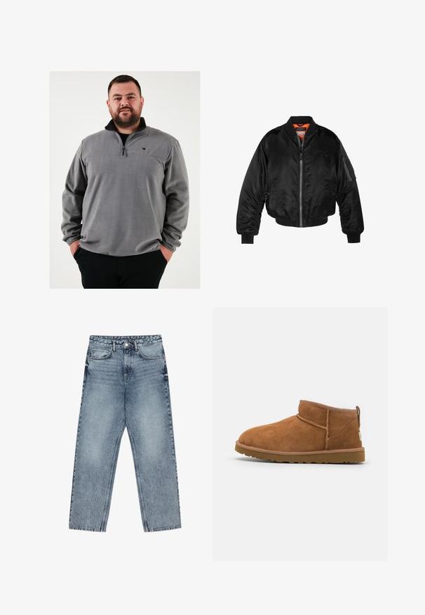 Musta pommittaja-takki, joka on valmistettu kiiltävästä nailonista, ribbettyistä hihansuista, vetoketjukiinnityksestä ja oranssista vuorauksesta. Takissa on vetoketjullinen tasku hihassa.; Harmaa fleecetakki puolivillalla, jossa on musta kaulus ja pieni logo rinnassa. Pehmeä pinta ja rento istuvuus.; Vaaleansiniset farkut, joissa on suora lahje, näkyvät tikkaus, viisi taskua ja napin suljenta vyötäröllä.; Vaaleanruskeat mokkasaappaat nilkkapituiset, joissa on pyöristetty kärki, hienovaraiset ommeltydet ja teksturoitu kumipohja. Lyhyt malli ilman nauhoja.