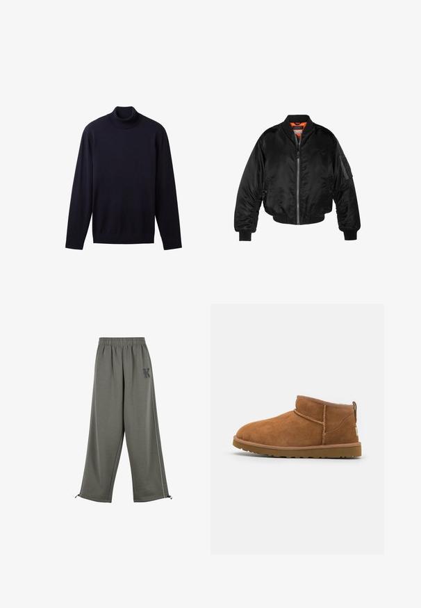 Black bomber jacket made of shiny nylon fabric with ribbed cuffs, a zip front, and an orange lining. Features a zip pocket on the sleeve.; Navy blue turtleneck sweater made of soft fabric, featuring long sleeves and a fitted design with a high collar. Smooth texture overall.; Karl Kani KK OS SIDESTRIPE - Trousers - grey; Tan suede ankle boot with a rounded toe, subtle stitching details, and a textured rubber sole. Short height without laces.