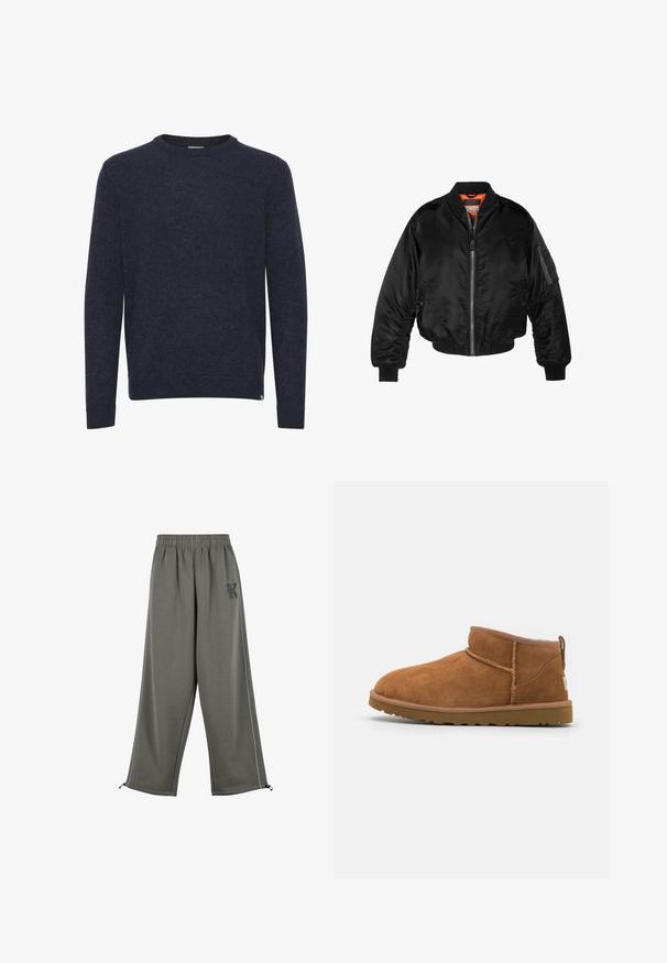 Musta pommittaja-takki, joka on valmistettu kiiltävästä nailonista, ribbettyistä hihansuista, vetoketjukiinnityksestä ja oranssista vuorauksesta. Takissa on vetoketjullinen tasku hihassa.; Tumma sininen villapaita, joka on valmistettu pehmeästä, teksturoidusta kankaan. Ominaisuuksiin kuuluu pyöreä kaula-aukko, pitkät hihat sekä resorit hihansuissa ja helmassa. Yksinkertainen muotoilu.; Karl Kani KK OS SIDESTRIPE - Housut - grey; Vaaleanruskeat mokkasaappaat nilkkapituiset, joissa on pyöristetty kärki, hienovaraiset ommeltydet ja teksturoitu kumipohja. Lyhyt malli ilman nauhoja.