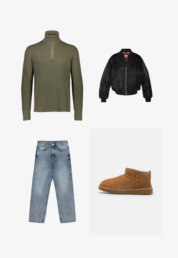 Schwarze Bomberjacke aus glänzendem Nylonstoff mit gerippten Bündchen, durchgehendem Reißverschluss und orangefarbenem Futter. Verfügt über eine Reißverschlusstasche am Ärmel.; Olivgrüner, gerippter Strickpullover mit hohem Kragen und Viertel-Reißverschluss. Verfügt über lange Ärmel und eine strukturierte Oberfläche.; Hellblaue Jeans aus Denim mit geradem Schnitt, sichtbaren Nähten, fünf Taschen-Design und einem Knopfverschluss an der Taille.; Hellbraune Wildleder-Stiefelette mit runder Zehenform, dezenten Nähdetails und einer strukturierten Gummisohle. Kurze Höhe ohne Schnürsenkel.