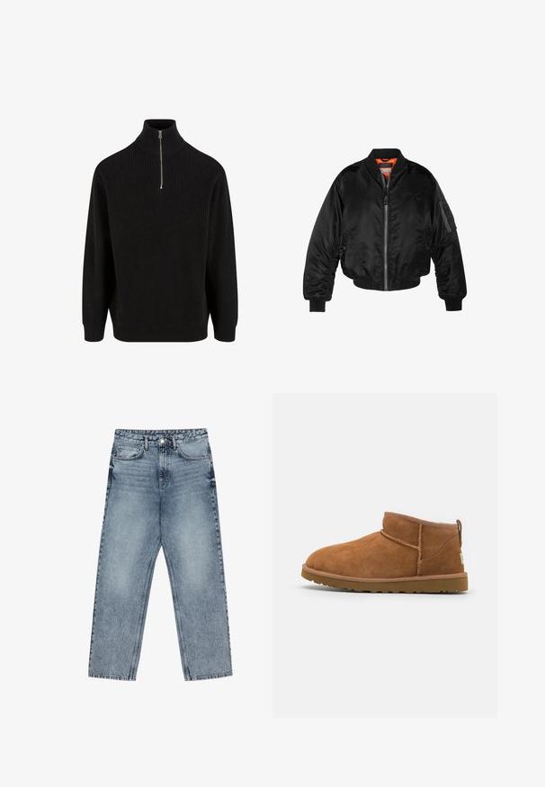 Juodas bomberio tipo švarkas, pagamintas iš blizgaus nailono audinio su lygiomis rankovėmis, užtrauktuku priekyje ir oranžine pamušalu. Su užtrauktuko kišene ant rankovės.; Juodas banguotas golfo megztinis su pusiau užtrauktuku, ilgomis rankovėmis ir laisvu siluetu. Tekstūruota mezgimo medžiaga su vienspalviu raštu.; Šviesiai mėlynos džinsinės kelnės su tiesiu kelnės siluetu, matomomis siūlėmis, penkių kišenių dizainu ir mygtuko uždarymu juosmens srityje.; Šviesiai rudos nubuko aulinukai iki kulkšnies su apvaliu pirštu, subtiliomis siuvimo detalėmis ir tekstūruota guma padanga. Žemas aukštis be raištelių.