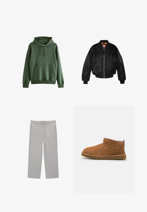 Sort bomberjakke lavet af skinnende nylonstof med ribbede manchetter, en lynlås fortil og en orange foring. Har en lynlåslomme på ærmet.; Grøn bomulds-hættetrøje med en frontlomme, justerbar snor i hætten, ribbede cuffs og et lille logo. Glat tekstur, afslappet design.; Grå bomulds-loungebukser med elastisk talje, snor og to sidelommer; lige ben-design, blød tekstur, uden mønstre.; Sandal mellemhøje støvler i tan ruskind med en rund tå, subtile syninger og en tekstureret gummisål. Kort højde uden snørebånd.