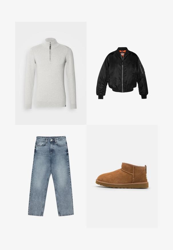 Veste bombardier noire en nylon brillant avec des poignets côtelés, un zip sur le devant et une doublure orange. Dotée d'une poche zippée sur la manche.; Gilet zippé gris clair en tissu doux, avec un col montant et des manches longues à poignets et ourlet côtelés.; Jean en denim bleu clair avec une coupe droite, couture visible, design à cinq poches et fermeture à bouton à la taille.; Bottine en suède beige avec un bout rond, des détails de couture subtils et une semelle en caoutchouc texturée. Hauteur courte sans lacets.