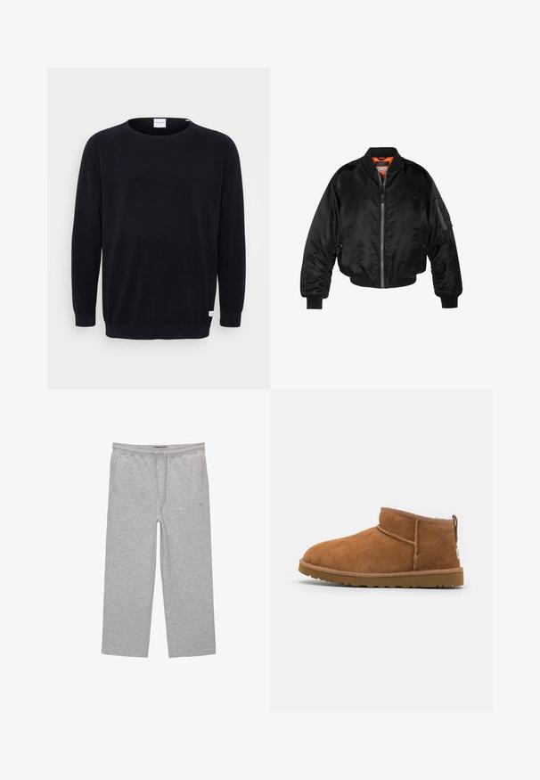 Schwarze Bomberjacke aus glänzendem Nylonstoff mit gerippten Bündchen, durchgehendem Reißverschluss und orangefarbenem Futter. Verfügt über eine Reißverschlusstasche am Ärmel.; Schwarzer gestrickter Pullover mit Rundhalsausschnitt und langen Raglanärmeln. Merkmale sind gerippte Bündchen und Saum, Strukturstoff und ein kleines Etikett am Saum.; Graue Baumwoll-Loungehosen mit elastischem Bund, Kordelzug und zwei seitlichen Taschen; gerader Schnitt, weiche Textur, ohne Muster.; Hellbraune Wildleder-Stiefelette mit runder Zehenform, dezenten Nähdetails und einer strukturierten Gummisohle. Kurze Höhe ohne Schnürsenkel.