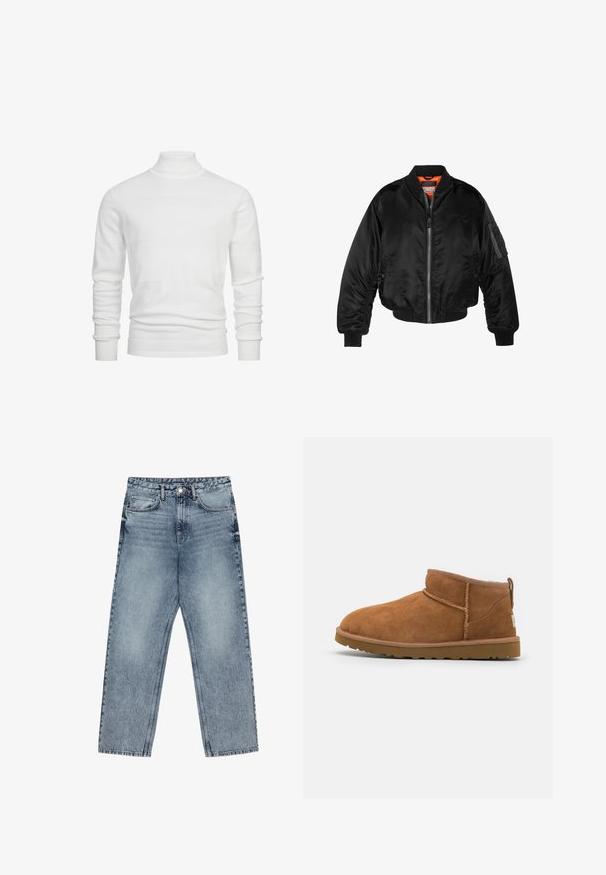 Zwarte bomberjack gemaakt van glanzende nylon stof met ribbelmanchetten, een ritssluiting aan de voorkant en een oranje voering. Bevat een ritssluiting zak op de mouw.; Witte coltrui met textuur in horizontale strepen, geribbelde manchetten en zoom. Het gebreide materiaal zorgt voor een zachte, gezellige uitstraling.; Lichtblauwe denim jeans met een rechte pijp, zichtbare stiksels, vijf zakken en een knoopsluiting in de taille.; Tan suède enkellaars met een ronde neus, subtiele stiksels en een gestructureerde rubberen zool. Korte hoogte zonder veters.