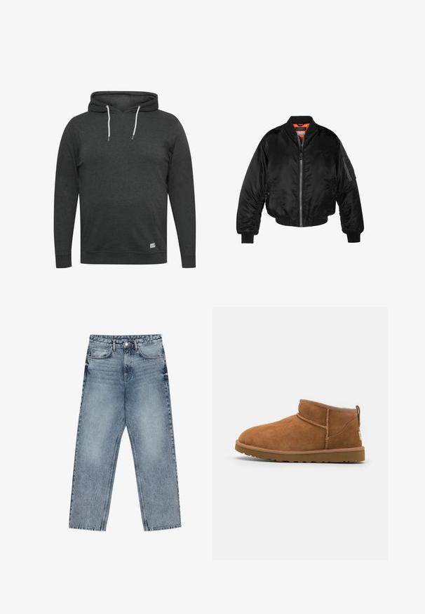 Fekete bomberdzseki fényes nylonból, bordás mandzsettákkal, cipzáros elülső résszel és narancssárga béléssel. Ujján cipzáras zseb található.; Sötét szürke kapucnis pulóver, puha, kevert anyagból készült. Elülső zsebével, állítható zsinórokkal, valamint bordázott mandzsettákkal és alsó szegéllyel rendelkezik.; Világoskék farmernadrág egyenes szárú szabással, látható varrással, öt zsebes kialakítással és gombos derékkal.; Barna suéd bőrcipő, lekerekített orral, diszkrét varrásokkal és texturált gumitalppal. Rövid magasságú, fűző nélkül.