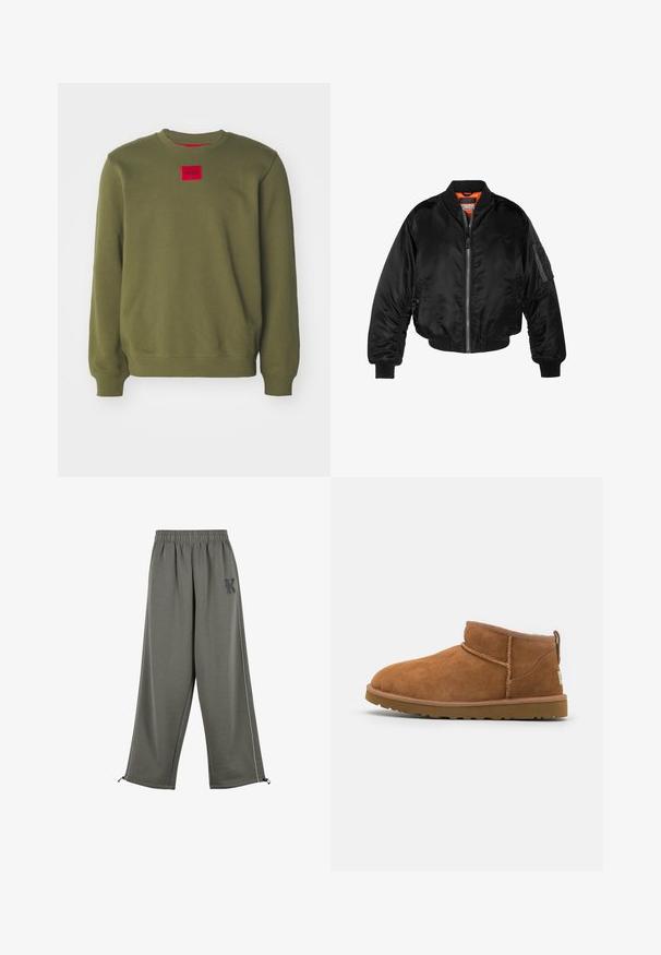 Musta pommittaja-takki, joka on valmistettu kiiltävästä nailonista, ribbettyistä hihansuista, vetoketjukiinnityksestä ja oranssista vuorauksesta. Takissa on vetoketjullinen tasku hihassa.; HUGO DIRAGOL - Collegepaita - open green; Karl Kani KK OS SIDESTRIPE - Housut - grey; Vaaleanruskeat mokkasaappaat nilkkapituiset, joissa on pyöristetty kärki, hienovaraiset ommeltydet ja teksturoitu kumipohja. Lyhyt malli ilman nauhoja.