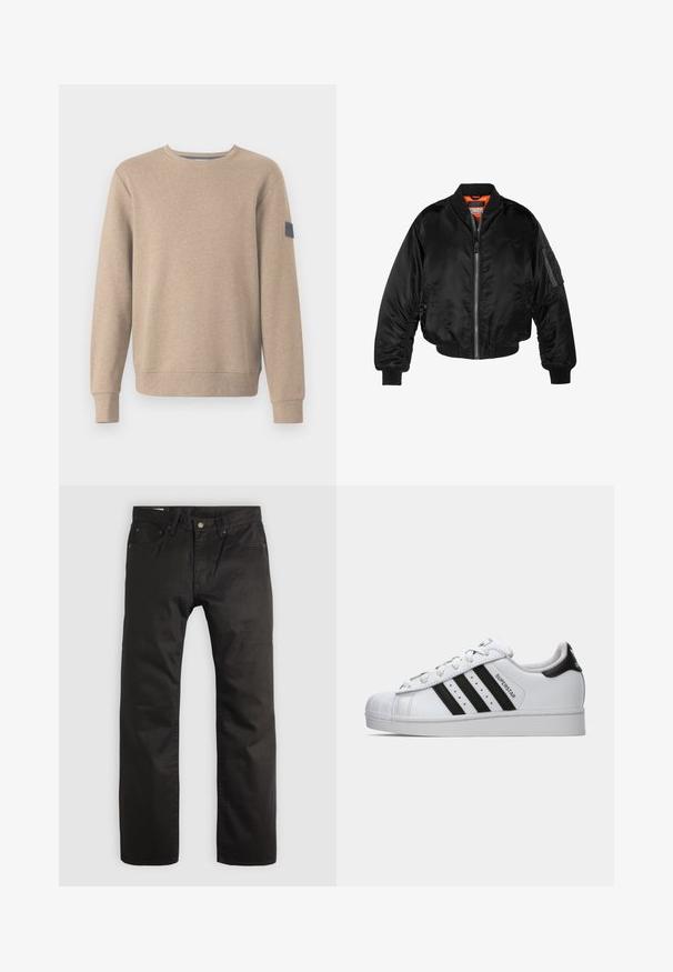 Giubbotto bomber nero realizzato in nylon lucido, con polsini a costine, chiusura con zip frontale e fodera arancione. Presenta una tasca con zip sulla manica.; TOM TAILOR STRUCTURED CREW NECK - Felpa - palm cashmere structure; Pantaloni neri a gamba dritta con chiusura frontale a bottone e zip, passanti per cintura e design a cinque tasche su uno sfondo chiaro.; Sneaker Adidas Superstar bianca con strisce nere, punta a conchiglia e testo "Superstar" sul lato, mostrata in profilo sinistro su sfondo bianco.