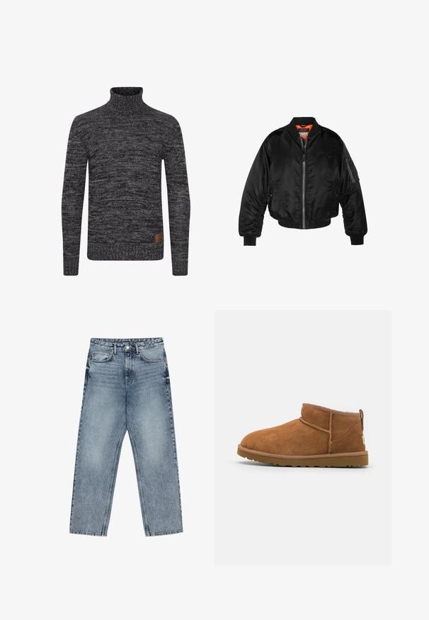 Schwarze Bomberjacke aus glänzendem Nylonstoff mit gerippten Bündchen, durchgehendem Reißverschluss und orangefarbenem Futter. Verfügt über eine Reißverschlusstasche am Ärmel.; Dunkelgrauer Strickrollkragenpullover mit einem strukturierten Muster. Verfügt über ein tailliertes Design und ein gewebtes Etikett an der unteren Vorderseite.; Hellblaue Jeans aus Denim mit geradem Schnitt, sichtbaren Nähten, fünf Taschen-Design und einem Knopfverschluss an der Taille.; Hellbraune Wildleder-Stiefelette mit runder Zehenform, dezenten Nähdetails und einer strukturierten Gummisohle. Kurze Höhe ohne Schnürsenkel.