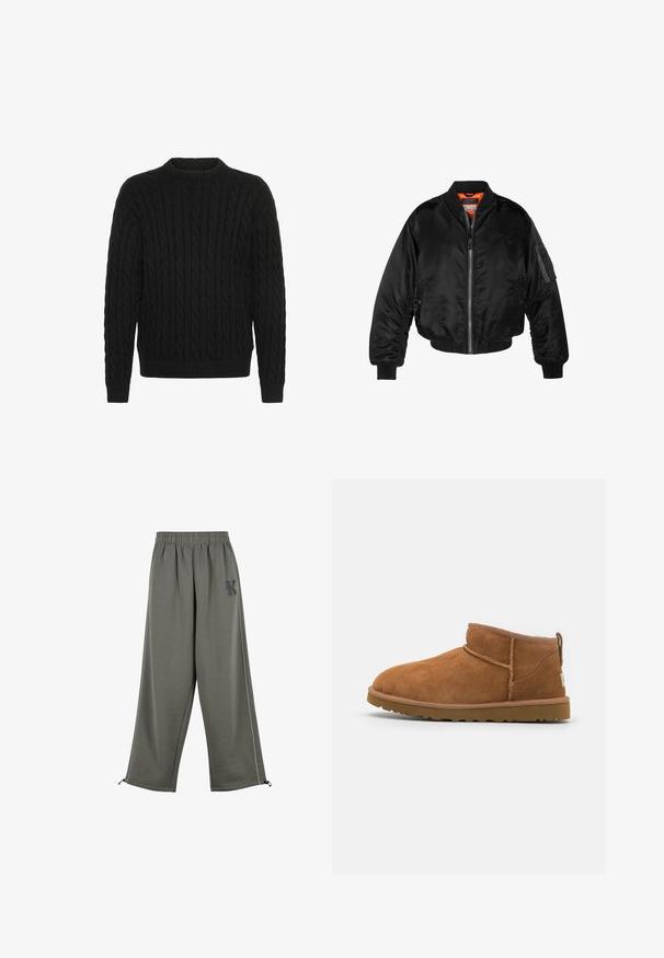 Crna bomberska jakna izrađena od sjajnog najlonskog materijala s rebrastim manžetama, prednjim zatvaračem i narančastim podstavom. Ima zip džep na rukavu.; Solid SDMALCOLM - Vesta - true black; Karl Kani KK OS SIDESTRIPE - Hlače - grey; Tamnasti antilop čizme do gležnja s zaobljenim vrhom, suptilnim detaljima šivanja i teksturiranom gumom potplatom. Niska visina bez pertli.