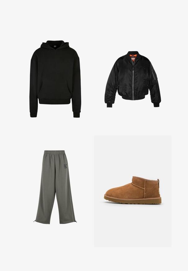 Czarna kurtka bombowiec wykonana z błyszczącego nylonowego materiału, z prążkowanymi mankietami, zamek z przodu i pomarańczową podszewką. Posiada kieszeń na zamku na rękawie.; Czarna bluza z kapturem wykonana z miękkiego materiału, z przednią kieszenią, ściągaczami przy mankietach i luźnym krojem.; Karl Kani SIDESTRIPE jasnozielony melanż; Beżowe zamszowe botki za kostkę z okrągłym noskiem, subtelnymi detalami przeszyć oraz teksturowaną gumową podeszwą. Niskie, bez sznurówek.