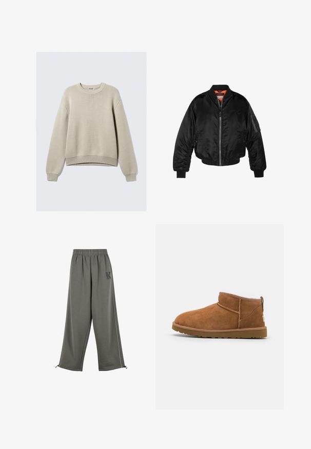 Veste bombardier noire en nylon brillant avec des poignets côtelés, un zip sur le devant et une doublure orange. Dotée d'une poche zippée sur la manche.; Pull en tricot beige avec un col rond, des manches longues et des bords côtes au niveau des poignets et de l'ourlet. Présente un motif texturé sur l'ensemble.; Karl Kani KK OS SIDESTRIPE - Pantalon classique - grey; Bottine en suède beige avec un bout rond, des détails de couture subtils et une semelle en caoutchouc texturée. Hauteur courte sans lacets.