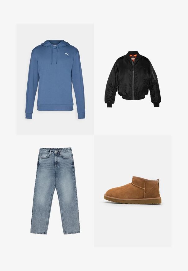 Jaqueta bomber preta feita de tecido de nylon brilhante com punhos em malha, fecho éclair na frente e forro laranja. Apresenta um bolso com fecho éclair na manga.; Sweatshirt azul com capuz feito de tecido macio. Apresenta um bolso canguru, punhos canelados e um logótipo branco da Puma no peito.; Deve azul claro com corte reto, costura visível, design de cinco bolsos e fecho de botão na cintura.; Botim de tornozelo em camurça castanha com biqueira arredondada, detalhes de costura subtil e sola de borracha texturizada. Altura curta sem atacadores.