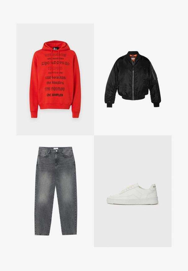 Černá bomber bunda vyrobená z lesklého nylonového materiálu s žebrovanými manžetami, zapínáním na zip a oranžovou podšívkou. Obsahuje zipovou kapsu na rukávu.; Červená mikina s kapucí, která má černý potisk textu s různými fonty. Materiál vypadá měkce, má klokaní kapsu a nastavitelné šňůrky na kapuci.; Bílé triko z bavlny s krátkým rukávem, kulatým výstřihem, volným střihem a bez viditelných log či vzorů. Hladká textura a minimalistický design.; Kalhoty s vysokým pasem, volného střihu, vyrobené z vybledlého černého denimu. Mají pět kapes, poutka na opasek a čistý, rovný střih nohavic.; Bílé kožené tenisky s hladkým povrchem, kulatou špičkou, plochými tkaničkami a texturovanou podrážkou. Na patě se nachází nenápadné logo.