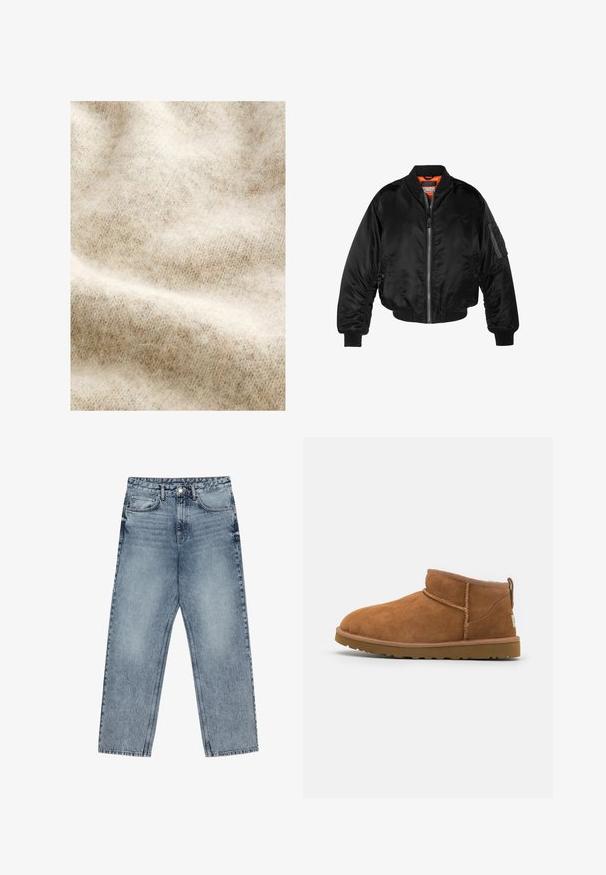 Črna bomberska jakna iz sijočega najlonskega materiala z rebrastimi manšeti, z zadrgo na sprednji strani in oranžno podlogo. Ima žep z zadrgo na rokavu.; Svetlo bež volna tkanina z mehko, puhasto teksturo, ki prikazuje subtilen ribji vzorec in rahle barvne variacije.; Svijetloplave traperice s ravnim krojem, vidljivim šavovima, dizajnom od pet džepova i kopčanjem na gumbu u struku.; Tanen semiš škornji do gležnjev z zaobljenim nosom, subtilnimi šivi in teksturirano gumijasto podplatom. Kratka višina brez vezalk.