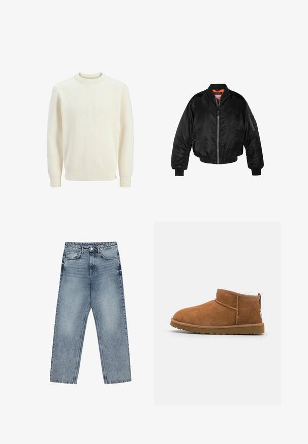 Zwarte bomberjack gemaakt van glanzende nylon stof met ribbelmanchetten, een ritssluiting aan de voorkant en een oranje voering. Bevat een ritssluiting zak op de mouw.; Crème ribbelgebreide trui met een ronde halslijn, lange mouwen en elastische manchetten. De stof lijkt textuur te hebben en is iets rekbaar.; Lichtblauwe denim jeans met een rechte pijp, zichtbare stiksels, vijf zakken en een knoopsluiting in de taille.; Tan suède enkellaars met een ronde neus, subtiele stiksels en een gestructureerde rubberen zool. Korte hoogte zonder veters.