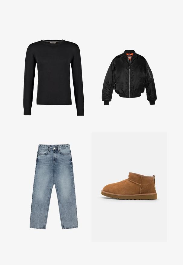 Crna bomberska jakna izrađena od sjajnog najlonskog materijala s rebrastim manžetama, prednjim zatvaračem i narančastim podstavom. Ima zip džep na rukavu.; Crni pleteni pulover s dugim rukavima, okruglim izrezom i rebrastim manžetama i donjim rubom. Gladak materijal i uski kroj.; Svijetloplave traperice ravnog kroja, vidljivo šivanje, dizajn s pet džepova i kopčanje na gumbu u struku.; Tamnasti antilop čizme do gležnja s zaobljenim vrhom, suptilnim detaljima šivanja i teksturiranom gumom potplatom. Niska visina bez pertli.