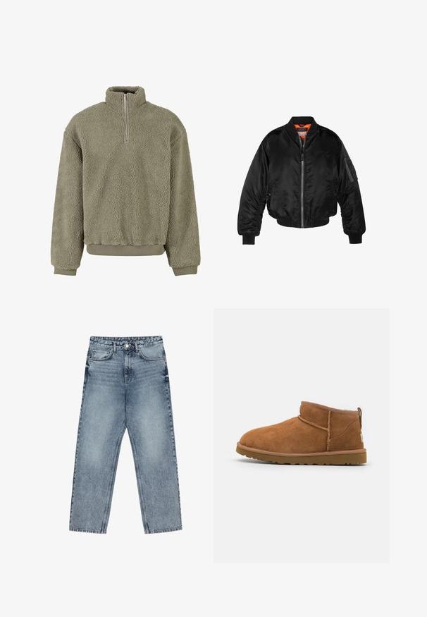 Must noirist bomber-jakk, mis on valmistatud läikivast nailonist kangast, ribikätistega, lukk ees ja oranž vooder. Omab lukuga taskut varruka peal.; Olivroheline fliispullover, millel on poolne tõmblukk. Tekstureeritud välimus ning soonikkoes mansetid ja äär. Lõdva istuvuse tõttu pakub mugavust.; Heledad sinine teksad sirge lõikega, nähtavate õmblustega, viie taskuga disain ja nupuga kinnitamine vööl.; Kerged suede pahklipüne, ümarate varvastega, delikaatsed õmblustead ja tekstureeritud kummist tald. Lühike kõrgus ilma paeltega.