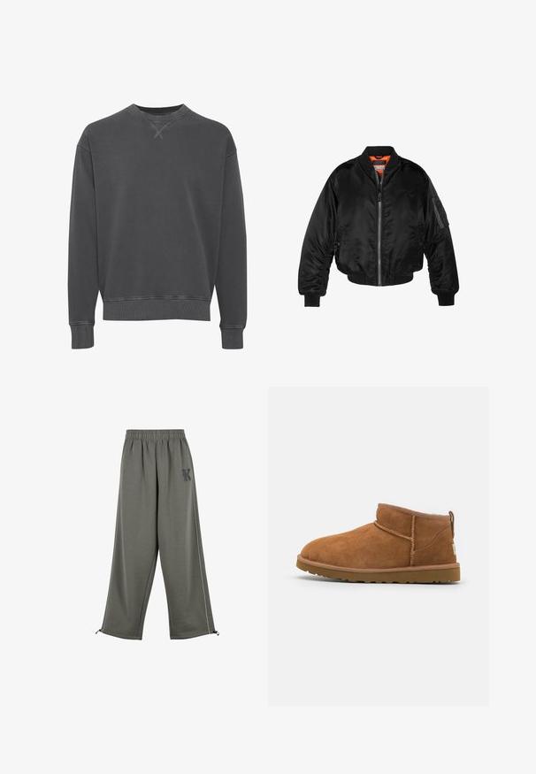 Juodas bomberio tipo švarkas, pagamintas iš blizgaus nailono audinio su lygiomis rankovėmis, užtrauktuku priekyje ir oranžine pamušalu. Su užtrauktuko kišene ant rankovės.; Tamsiai pilkas medvilnės mišinio bliuzonas su apvalia iškirpte, turintis raukiniais apdailas ir hemą, su tekstūriniu paviršiumi ir subtiliais siuvinėjimo akcentais.; Karl Kani KK OS SIDESTRIPE - Kelnės - grey; Šviesiai rudos nubuko aulinukai iki kulkšnies su apvaliu pirštu, subtiliomis siuvimo detalėmis ir tekstūruota guma padanga. Žemas aukštis be raištelių.