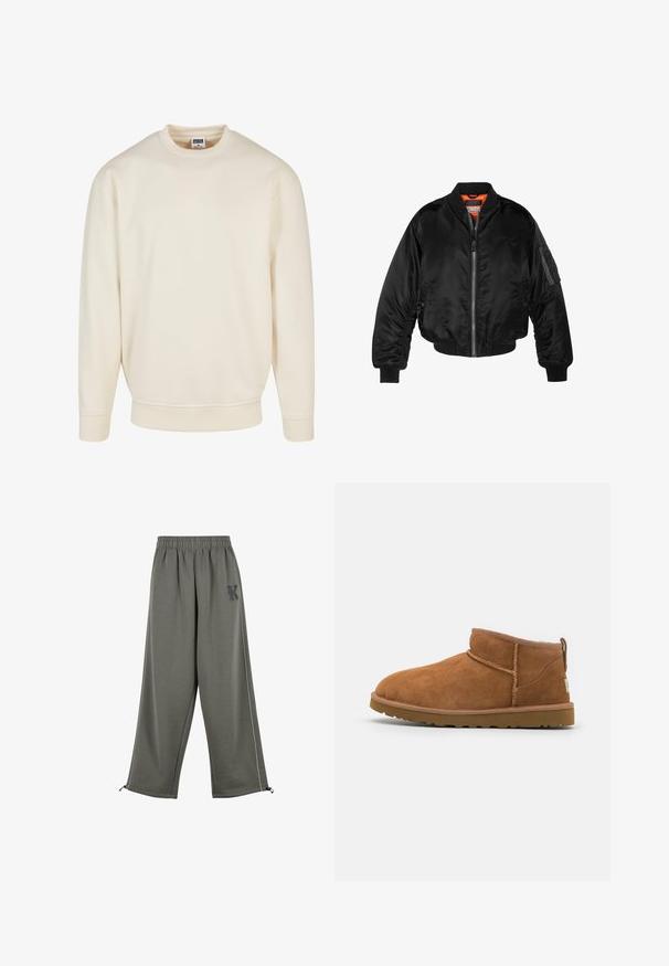 Giubbotto bomber nero realizzato in nylon lucido, con polsini a costine, chiusura con zip frontale e fodera arancione. Presenta una tasca con zip sulla manica.; Felpa color crema con collo e polsini a coste. Presenta una vestibilità comoda, una texture morbida e nessun motivo o grafica visibili.; Karl Kani KK OS SIDESTRIPE - Pantaloni - grey; Stivaletto in camoscio color tan con punta rotonda, dettagli di cucitura discreti e suola in gomma texture. Altezza ridotta senza lacci.
