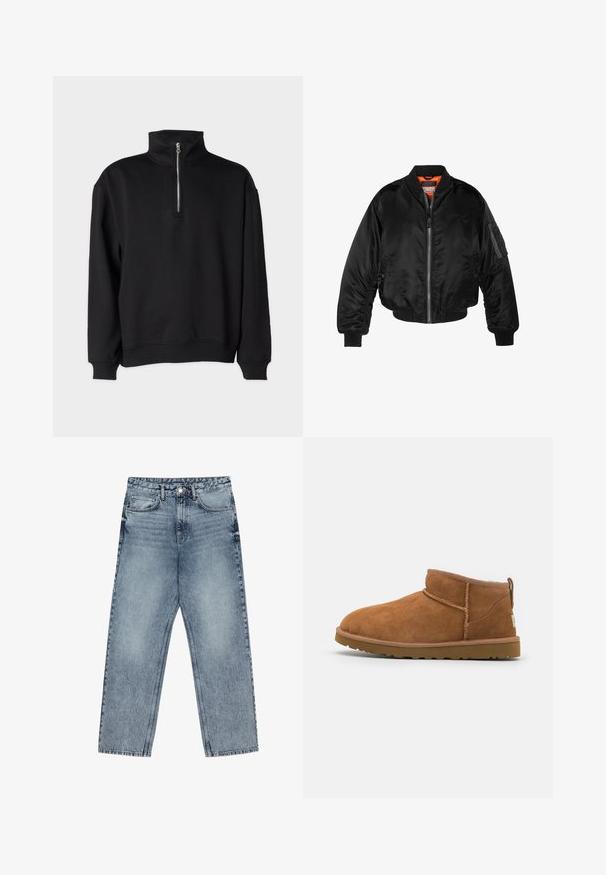 Sort bomberjakke lavet af skinnende nylonstof med ribbede manchetter, en lynlås fortil og en orange foring. Har en lynlåslomme på ærmet.; Sort pullover sweatshirt med høj krave, med halv lynlås, lange ærmer og ribbede manchetter og kant. Blød stoftekstur.; Lysblå denim jeans med lige ben, synlig syning, fem lomme-design og knaplukning ved taljen.; Sandal mellemhøje støvler i tan ruskind med en rund tå, subtile syninger og en tekstureret gummisål. Kort højde uden snørebånd.