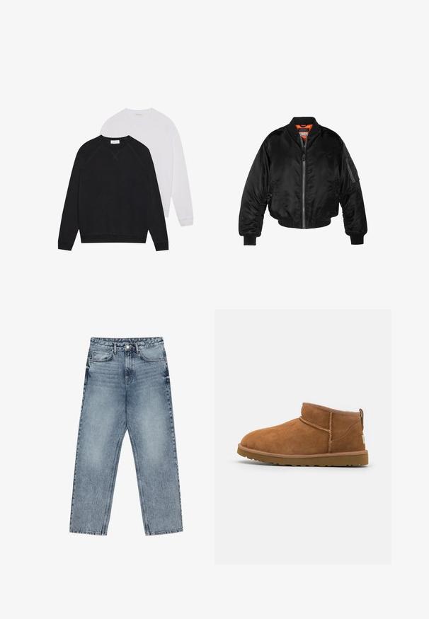 Melna bomber jaka, izgatavota no spīdīgas neilona auduma, ar ribotām aprocēm, ar rāvējslēdzēju priekšā un oranžu odere. Iespēja ir rāvējslēdzēja kabata uz piedurknes.; Melnbaltas sporta kreklis ar apaļu kakla izgriezumu, izgatavots no mīkstas auduma. Melnais modelis ir ar tumšu jostu un aprocēm; baltais modelis ir ar gaišām aprocēm.; Gai zilu džinsu bikses ar taisnu kāju griezumu, redzamām šuvēm, piecu kabatu dizainu un pogu aizdari jostasvietā.; Bēša zamšas potītes zābaks ar noapaļotu purngalu, smalkiem diegu dekorējumiem un teksturētu gumijas zoli. Īsa augstuma bez auklām.