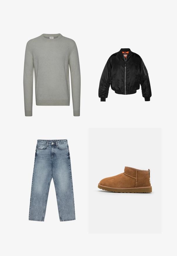 Zwarte bomberjack gemaakt van glanzende nylon stof met ribbelmanchetten, een ritssluiting aan de voorkant en een oranje voering. Bevat een ritssluiting zak op de mouw.; Lichtgrijze trui van gebreide stof, met een ronde hals, lange mouwen en geribbelde manchetten en zoom. Eenvoudig, effen ontwerp.; Lichtblauwe denim jeans met een rechte pijp, zichtbare stiksels, vijf zakken en een knoopsluiting in de taille.; Tan suède enkellaars met een ronde neus, subtiele stiksels en een gestructureerde rubberen zool. Korte hoogte zonder veters.