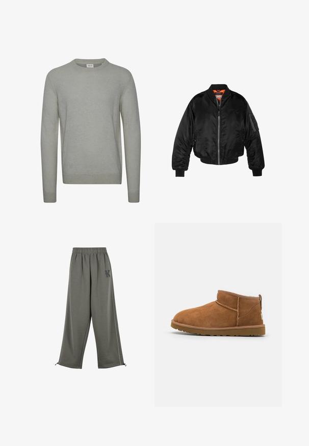 Schwarze Bomberjacke aus glänzendem Nylonstoff mit gerippten Bündchen, durchgehendem Reißverschluss und orangefarbenem Futter. Verfügt über eine Reißverschlusstasche am Ärmel.; Hellgrauer Pullover aus Strickstoff, mit Rundhalsausschnitt, langen Ärmeln und gerippten Bündchen und Saum. Einfaches, einfarbiges Design.; Karl Kani KK OS SIDESTRIPE - Stoffhose - grey; Hellbraune Wildleder-Stiefelette mit runder Zehenform, dezenten Nähdetails und einer strukturierten Gummisohle. Kurze Höhe ohne Schnürsenkel.