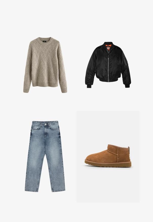 Čierna bomber bunda vyrobená z lesklého nylonového materiálu s rebrovými manžetami, predným zipsom a oranžovou podšívkou. Obsahuje zipsovú vrecko na rukáve.; Svetlo béžový pletený sveter s textúrovaným diamantovým vzorom, okrúhlym výstrihom a rebrovanými manžetami a lemom.; Svetlomodré džíny s rovnými nohavicami, viditeľným prešívaním, dizajnom s piatimi vreckami a zapínaním na gombík v oblasti pása.; Svetlohnedé semišové kotníkové boty s kulatou špičkou, jemnými stehy a texturovanou gumovou podrážkou. Krátká výška bez šněrování.