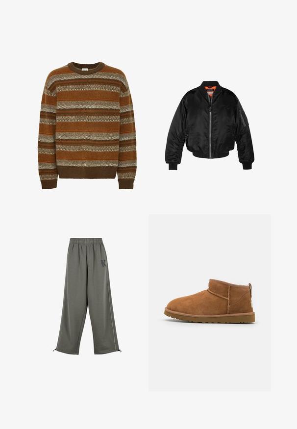 Giubbotto bomber nero realizzato in nylon lucido, con polsini a costine, chiusura con zip frontale e fodera arancione. Presenta una tasca con zip sulla manica.; Solid SDMAXWELL - Maglione - slate black; Karl Kani KK OS SIDESTRIPE - Pantaloni - grey; Stivaletto in camoscio color tan con punta rotonda, dettagli di cucitura discreti e suola in gomma texture. Altezza ridotta senza lacci.