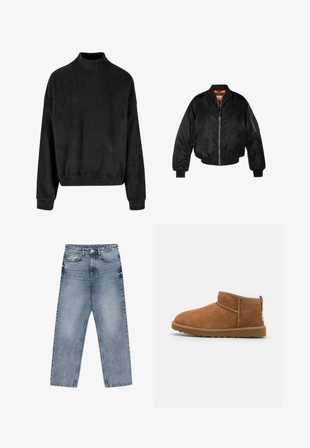 Čierna bomber bunda vyrobená z lesklého nylonového materiálu s rebrovými manžetami, predným zipsom a oranžovou podšívkou. Obsahuje zipsovú vrecko na rukáve.; Čierna mikina s vysokým golierom, dlhými rukávmi a voľným strihom. Vyrobená z mäkkej tkaniny s hladkým povrchom a rebrovanými manžetami.; Svetlomodré džíny s rovnými nohavicami, viditeľným prešívaním, dizajnom s piatimi vreckami a zapínaním na gombík v oblasti pása.; Svetlohnedé semišové kotníkové boty s kulatou špičkou, jemnými stehy a texturovanou gumovou podrážkou. Krátká výška bez šněrování.