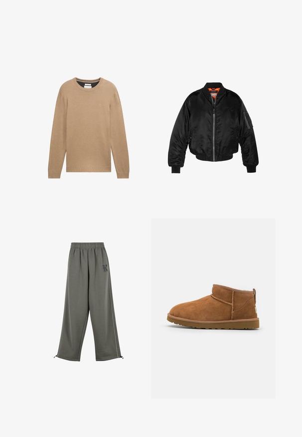 Giubbotto bomber nero realizzato in nylon lucido, con polsini a costine, chiusura con zip frontale e fodera arancione. Presenta una tasca con zip sulla manica.; Maglione beige a maglia con colletto rotondo, maniche lunghe e polsini e orlo a costine. Presenta un piccolo logo sul petto.; Karl Kani KK OS SIDESTRIPE - Pantaloni - grey; Stivaletto in camoscio color tan con punta rotonda, dettagli di cucitura discreti e suola in gomma texture. Altezza ridotta senza lacci.