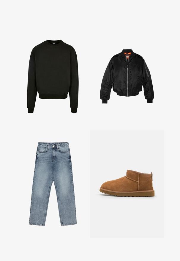 Fekete bomberdzseki fényes nylonból, bordás mandzsettákkal, cipzáros elülső résszel és narancssárga béléssel. Ujján cipzáras zseb található.; Fekete crewneck pulóver pamut keverék anyagból, hosszú ujjakkal és bordás mandzsettával, valamint aljjal rendelkezik. Egyszerű, egyszínű dizájn.; Világoskék farmernadrág egyenes szárú szabással, látható varrással, öt zsebes kialakítással és gombos derékkal.; Barna suéd bőrcipő, lekerekített orral, diszkrét varrásokkal és texturált gumitalppal. Rövid magasságú, fűző nélkül.