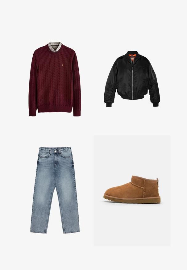 Jachetă bomber neagră dintr-un material nylon lucios, cu manșete ribbed, deschidere cu fermoar și căptușeală portocalie. Prezintă o buzunare cu fermoar pe mânecă.; Pulover burgundy din tricot cu model cable-knit, cu un guler rotund ribdat, având o cămașă în carouri dedesubt și un logo mic pe piept.; Jeans din denim de culoare albastru deschis, cu croială dreaptă, cusături vizibile, design cu cinci buzunare și închidere cu nasture la talie.; Botină antrenașă din suede bej, cu vârf rotund, detalii subtile de cusătură și o talpă din cauciuc texturată. Înălțime scurtă fără șireturi.