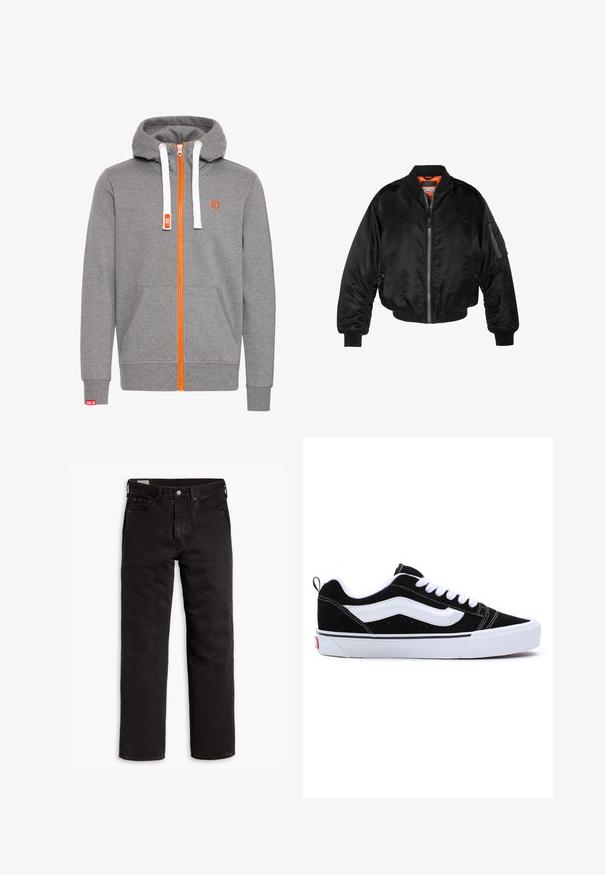 Schwarze Bomberjacke aus glänzendem Nylonstoff mit gerippten Bündchen, durchgehendem Reißverschluss und orangefarbenem Futter. Verfügt über eine Reißverschlusstasche am Ärmel.; Graue Zip-Hoodie mit orangefarbenem Reißverschluss und Akzenten. Verfügt über weiße Kordeln, Kängurutaschen und gerippte Bündchen. Weicher Stoff mit angenehmer Textur.; Schwarze gerade Jeans aus Denim mit fünf Taschen, Knopfverschluss und Gürtelschlaufen, flach auf einem weißen Hintergrund ausgelegt.; Schwarze Wildleder-Sneaker mit weißen Akzenten, im Niedrigschnitt-Design, mit Schnürverschluss und einer dicken weißen Gummisohle. Markenlogo auf der Ferse.