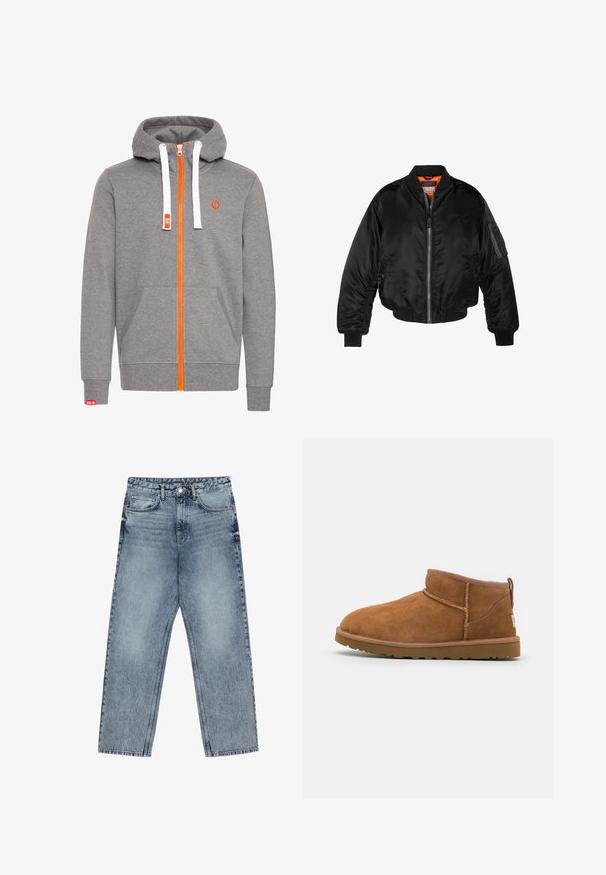 Giubbotto bomber nero realizzato in nylon lucido, con polsini a costine, chiusura con zip frontale e fodera arancione. Presenta una tasca con zip sulla manica.; Felpa grigia con zip arancione e dettagli arancioni. Presenta lacci bianchi, tasche a marsupio e polsini a costine. Tessuto morbido.; Jeans in denim azzurro chiaro con taglio a gamba dritta, cuciture visibili, design a cinque tasche e chiusura a bottoni in vita.; Stivaletto in camoscio color tan con punta rotonda, dettagli di cucitura discreti e suola in gomma texture. Altezza ridotta senza lacci.