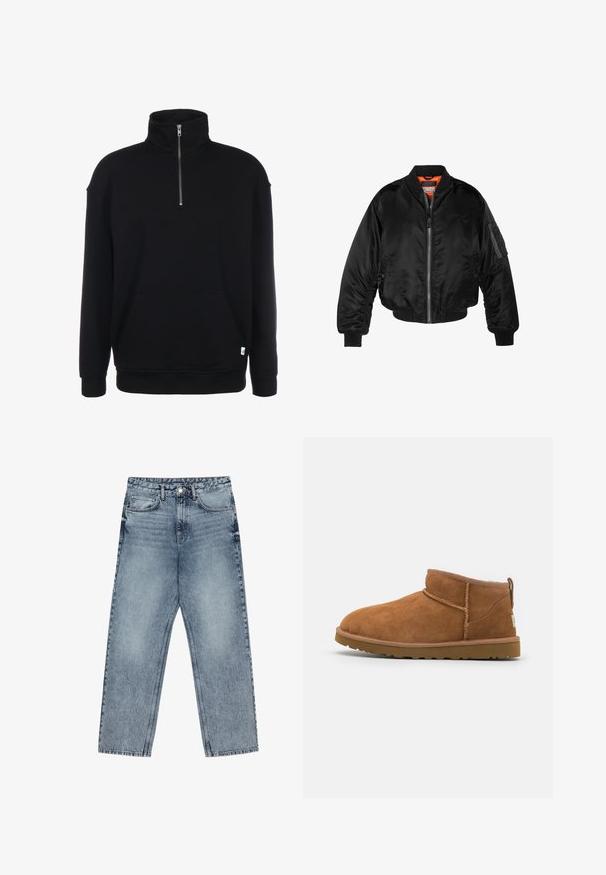 Svart bomberjacka i glänsande nylon med ribbad mudd, dragkedja fram och orange foder. Har en ficka med dragkedja på ärmen.; Svart zip-neck sweatshirt med långa ärmar, mjukt material, en framficka och en liten grön logotyp vid fållen.; Ljust blå denimjeans med rak benform, synliga sömmar, fem fickor och en knappstängning i midjan.; Tan mockasinstövlar med rund tå, subtila sömnadsdetaljer och en texturerad gummisula. Kort höjd utan snörning.