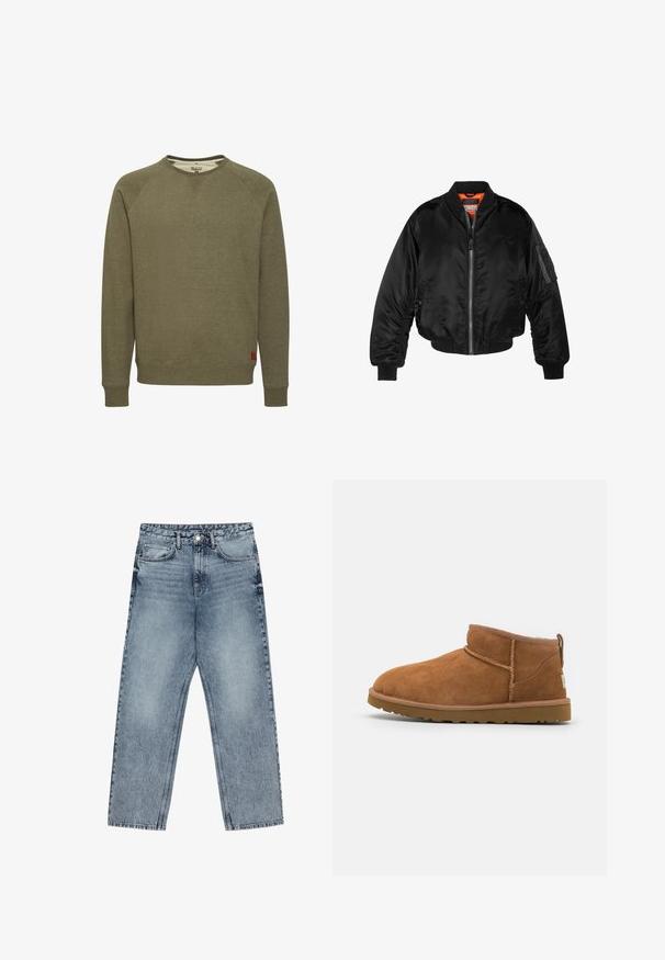 Black bomber jacket made of shiny nylon fabric with ribbed cuffs, a zip front, and an orange lining. Features a zip pocket on the sleeve.; Olive green sweatshirt made of soft fabric, featuring a round neck, ribbed cuffs and hem, and a small red logo tag at the bottom left.; Light blue denim jeans with a straight leg cut, visible stitching, five pocket design, and a button closure at the waist.; Tan suede ankle boot with a rounded toe, subtle stitching details, and a textured rubber sole. Short height without laces.