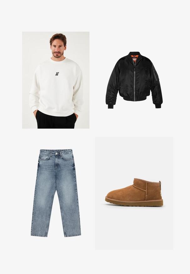 Schwarze Bomberjacke aus glänzendem Nylonstoff mit gerippten Bündchen, durchgehendem Reißverschluss und orangefarbenem Futter. Verfügt über eine Reißverschlusstasche am Ärmel.; Weißes Sweatshirt mit einem kleinen schwarzen Logo auf der Brust, Rundhalsausschnitt und lässiger Passform, aus weichem Stoff gefertigt.; Hellblaue Jeans aus Denim mit geradem Schnitt, sichtbaren Nähten, fünf Taschen-Design und einem Knopfverschluss an der Taille.; Hellbraune Wildleder-Stiefelette mit runder Zehenform, dezenten Nähdetails und einer strukturierten Gummisohle. Kurze Höhe ohne Schnürsenkel.