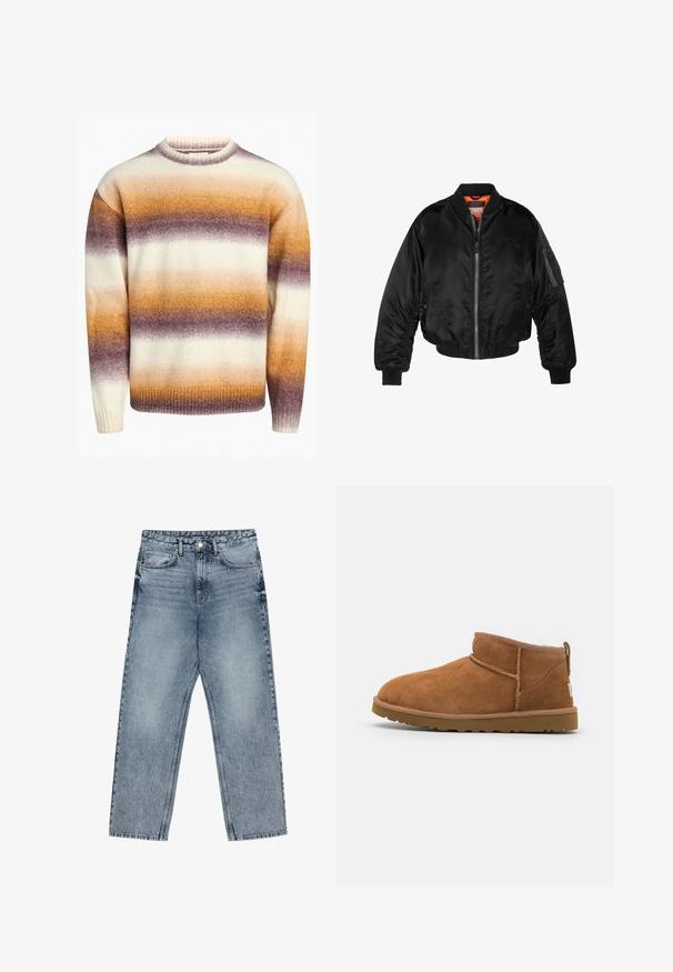 Giubbotto bomber nero realizzato in nylon lucido, con polsini a costine, chiusura con zip frontale e fodera arancione. Presenta una tasca con zip sulla manica.; Redefined Rebel JOSEPH BOXY FIT - Maglione - caramel cafe; Jeans in denim azzurro chiaro con taglio a gamba dritta, cuciture visibili, design a cinque tasche e chiusura a bottoni in vita.; Stivaletto in camoscio color tan con punta rotonda, dettagli di cucitura discreti e suola in gomma texture. Altezza ridotta senza lacci.