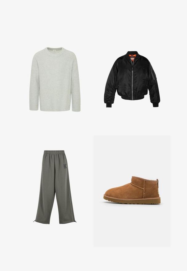 Černá bomber bunda vyrobená z lesklého nylonového materiálu s žebrovanými manžetami, zapínáním na zip a oranžovou podšívkou. Obsahuje zipovou kapsu na rukávu.; Svetle šedý žebrovaný pletený svetr s kulatým výstřihem a rukávy po tři čtvrtiny, s texturovaným vzorem a volným střihem.; Karl Kani KK OS SIDESTRIPE - Kalhoty - grey; Světlé semišové kotníkové boty s kulatou špičkou, jemnými švy a texturovanou gumovou podrážkou. Krátká výška bez šněrování.