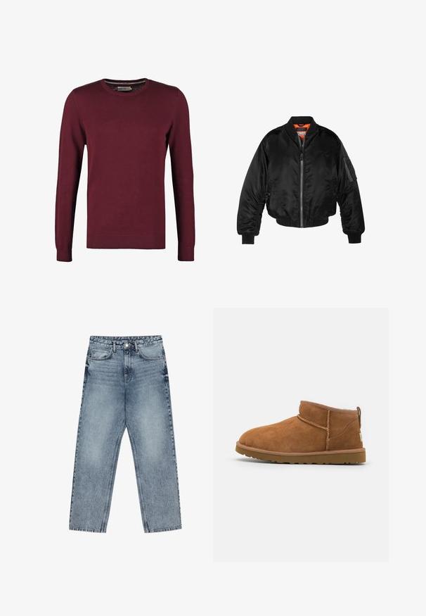 Jachetă bomber neagră dintr-un material nylon lucios, cu manșete ribbed, deschidere cu fermoar și căptușeală portocalie. Prezintă o buzunare cu fermoar pe mânecă.; Pulover burgundy cu guler rotund, realizat dintr-un material neted, cu mâneci lungi și manșete și tiv cu bandă pentru o textură suplimentară.; Jeans din denim de culoare albastru deschis, cu croială dreaptă, cusături vizibile, design cu cinci buzunare și închidere cu nasture la talie.; Botină antrenașă din suede bej, cu vârf rotund, detalii subtile de cusătură și o talpă din cauciuc texturată. Înălțime scurtă fără șireturi.