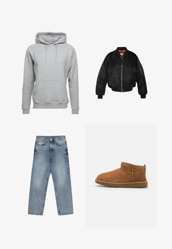 Musta pommittaja-takki, joka on valmistettu kiiltävästä nailonista, ribbettyistä hihansuista, vetoketjukiinnityksestä ja oranssista vuorauksesta. Takissa on vetoketjullinen tasku hihassa.; Huppari harmaasta pehmeästä puuvillamateriaalista, jossa on etutasku, säädettävät nauhat sekä ribbireunat hihansuissa ja helmassa.; Vaaleansiniset farkut, joissa on suora lahje, näkyvät tikkaus, viisi taskua ja napin suljenta vyötäröllä.; Vaaleanruskeat mokkasaappaat nilkkapituiset, joissa on pyöristetty kärki, hienovaraiset ommeltydet ja teksturoitu kumipohja. Lyhyt malli ilman nauhoja.