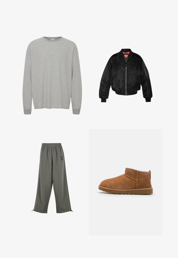 Crna bomberska jakna izrađena od sjajnog najlonskog materijala s rebrastim manžetama, prednjim zatvaračem i narančastim podstavom. Ima zip džep na rukavu.; Sivi dukserica dugih rukava od rebrastog materijala s okruglim izrezom i izvezenim "ABC" na prsima. Opusti kroj s manžetama na rukavima.; Karl Kani KK OS SIDESTRIPE - Hlače - grey; Tamnasti antilop čizme do gležnja s zaobljenim vrhom, suptilnim detaljima šivanja i teksturiranom gumom potplatom. Niska visina bez pertli.