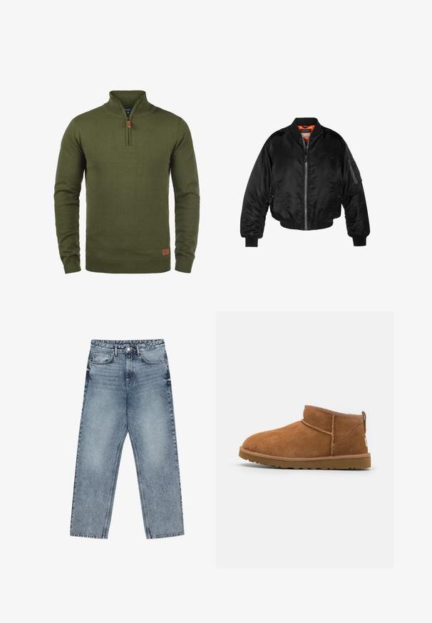 Black bomber jacket made of shiny nylon fabric with ribbed cuffs, a zip front, and an orange lining. Features a zip pocket on the sleeve.; Olive green zip-neck sweater made of knit fabric. Features ribbed cuffs and hem, with a small leather patch on the lower side.; Light blue denim jeans with a straight leg cut, visible stitching, five pocket design, and a button closure at the waist.; Tan suede ankle boot with a rounded toe, subtle stitching details, and a textured rubber sole. Short height without laces.