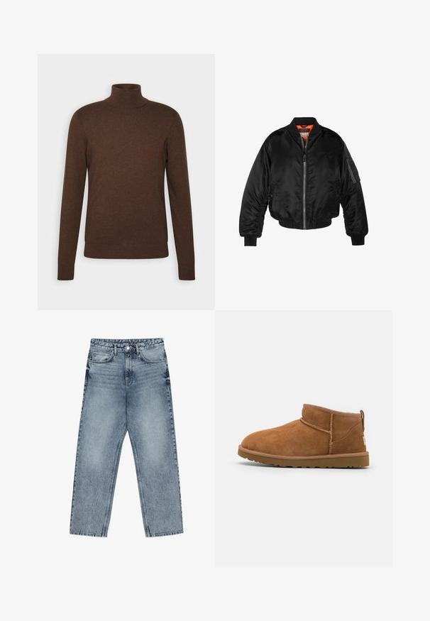 Giubbotto bomber nero realizzato in nylon lucido, con polsini a costine, chiusura con zip frontale e fodera arancione. Presenta una tasca con zip sulla manica.; Maglione a dolcevita marrone realizzato in materiale morbido, con maniche lunghe, un design aderente e dettagli a coste sul colletto e sull'orlo.; Jeans in denim azzurro chiaro con taglio a gamba dritta, cuciture visibili, design a cinque tasche e chiusura a bottoni in vita.; Stivaletto in camoscio color tan con punta rotonda, dettagli di cucitura discreti e suola in gomma texture. Altezza ridotta senza lacci.